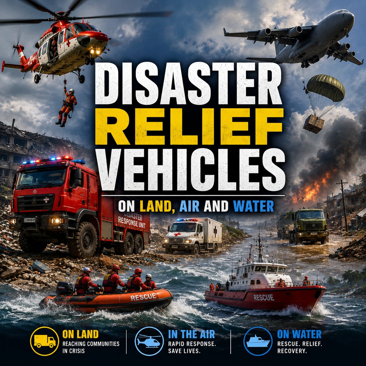 Disaster Relief Vehicles on Land, Air and Water