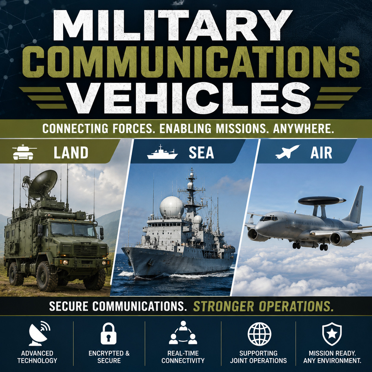 Military Communications Vehicles Across Land, Sea and Air