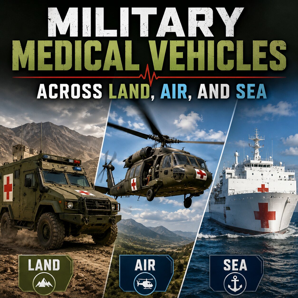 Military Medical Vehicles Across Land, Air, And Sea