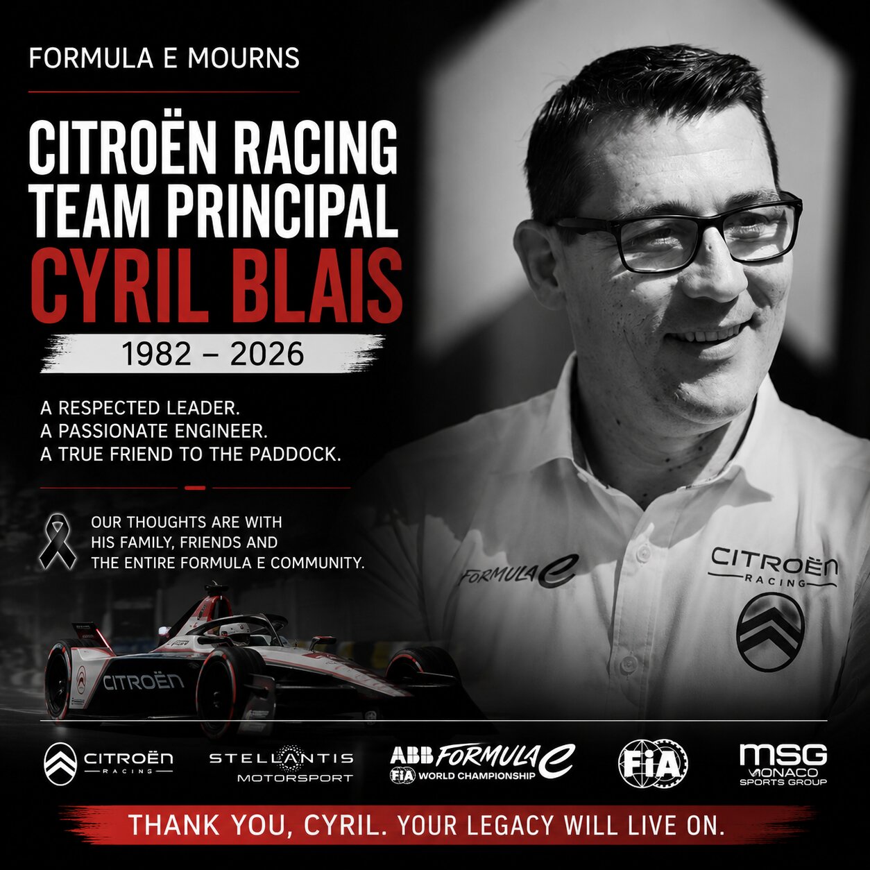 Formula E and the global motorsport community pay tribute to Citroën Racing Team Principal Cyril Blais following his untimely passing.
